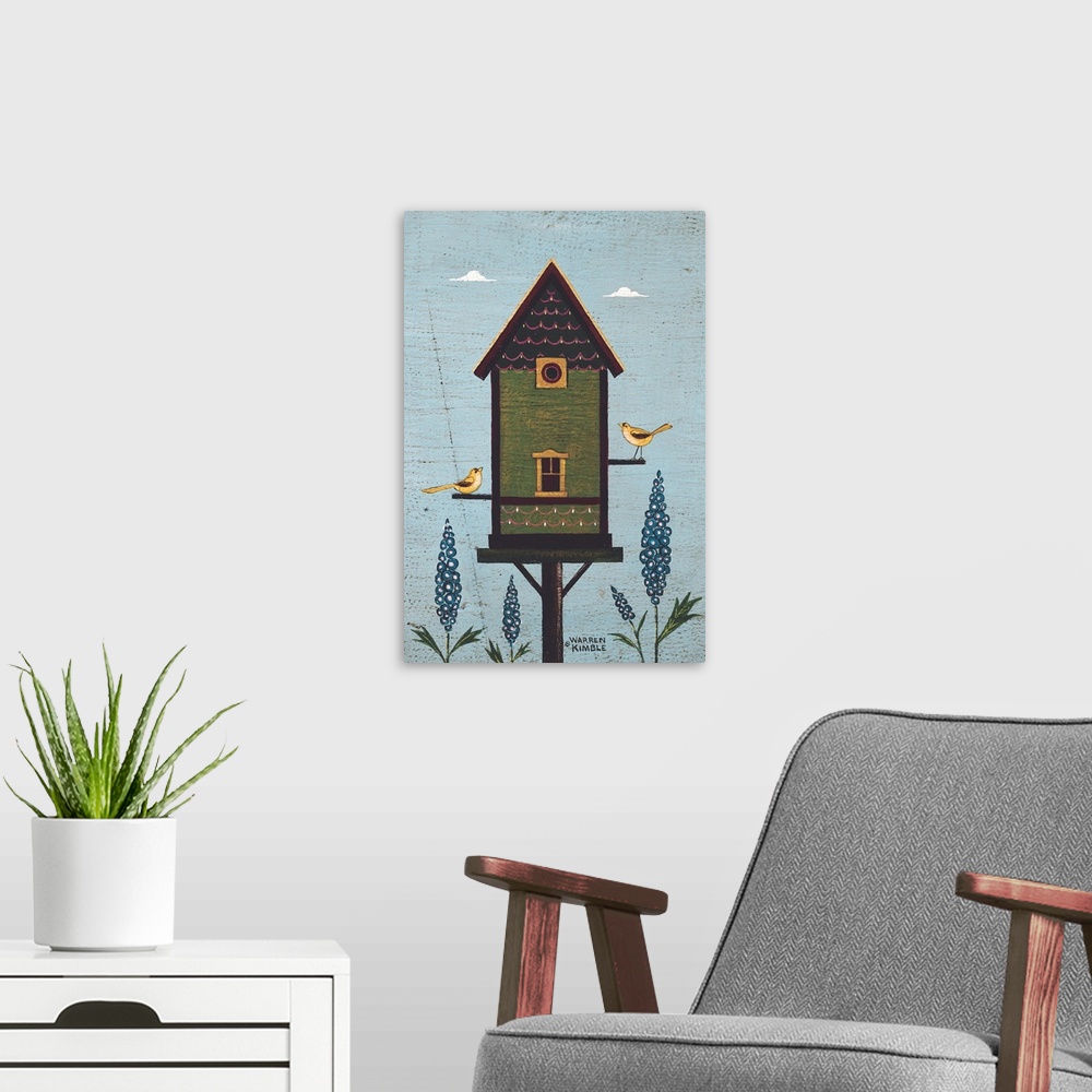 A modern room featuring Americana birdhouse by renowned artist Warren Kimble