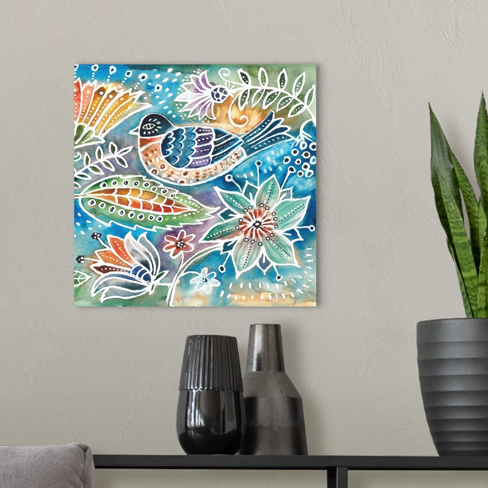 A modern room featuring A mosaic bird and floral montage is great for any room.
