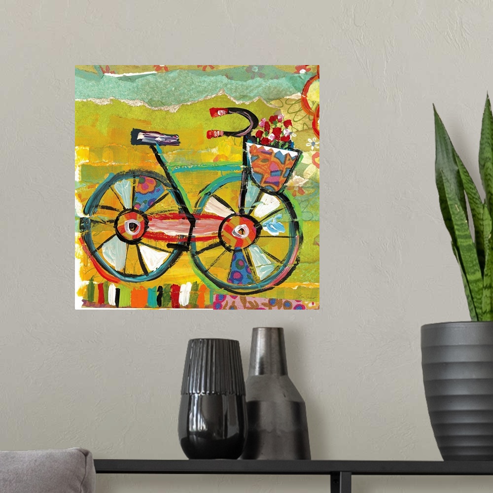 A modern room featuring Square contemporary painting of a bike with flowers in a basket.
