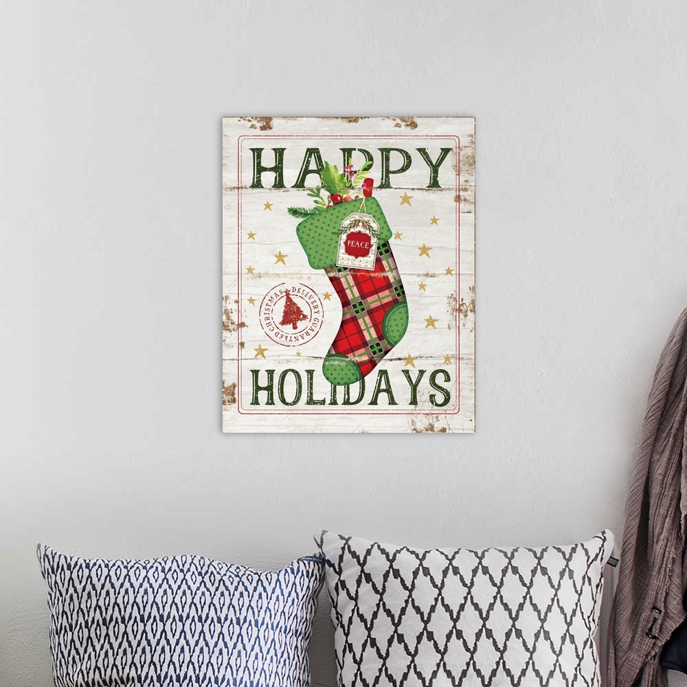 A bohemian room featuring Happy Holidays Stocking