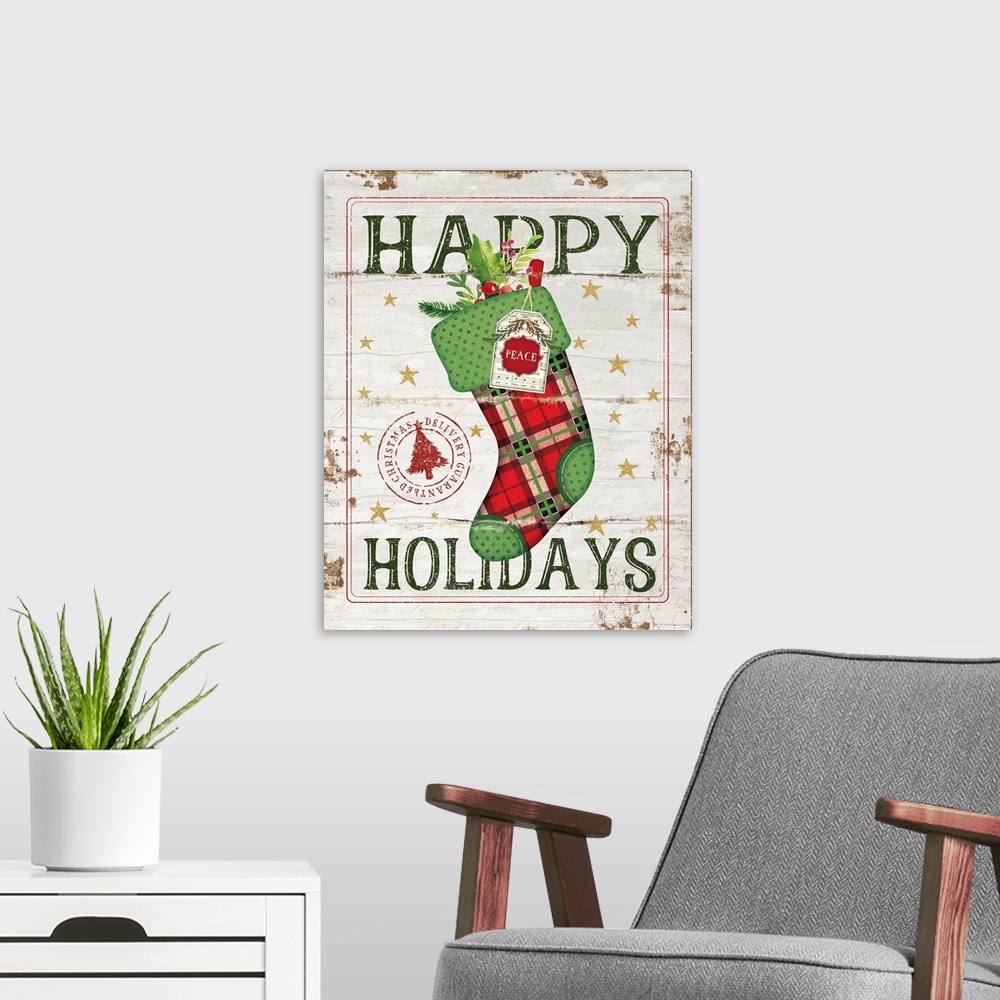 A modern room featuring Happy Holidays Stocking