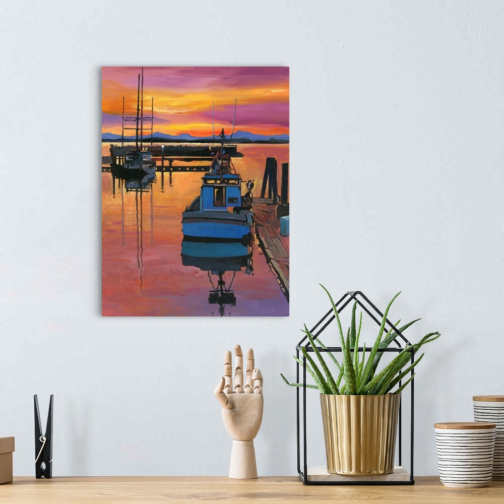 A bohemian room featuring A red sky faces the fearless boater in this beautiful boat scene.
