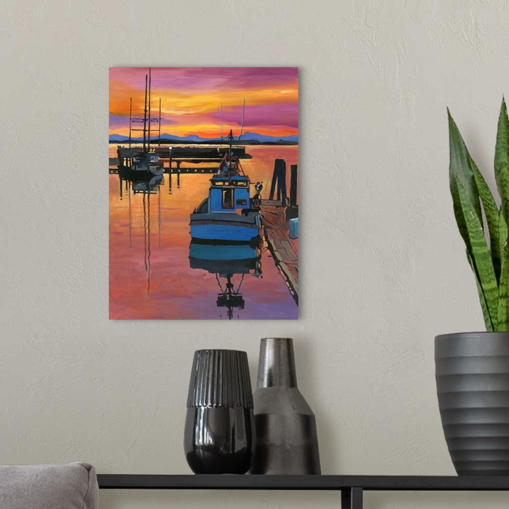 A modern room featuring A red sky faces the fearless boater in this beautiful boat scene.