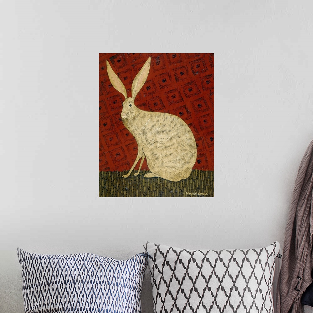 A bohemian room featuring Oversized, vertical folk art painting of a hare with large pointy ears, sitting in the grass, in ...