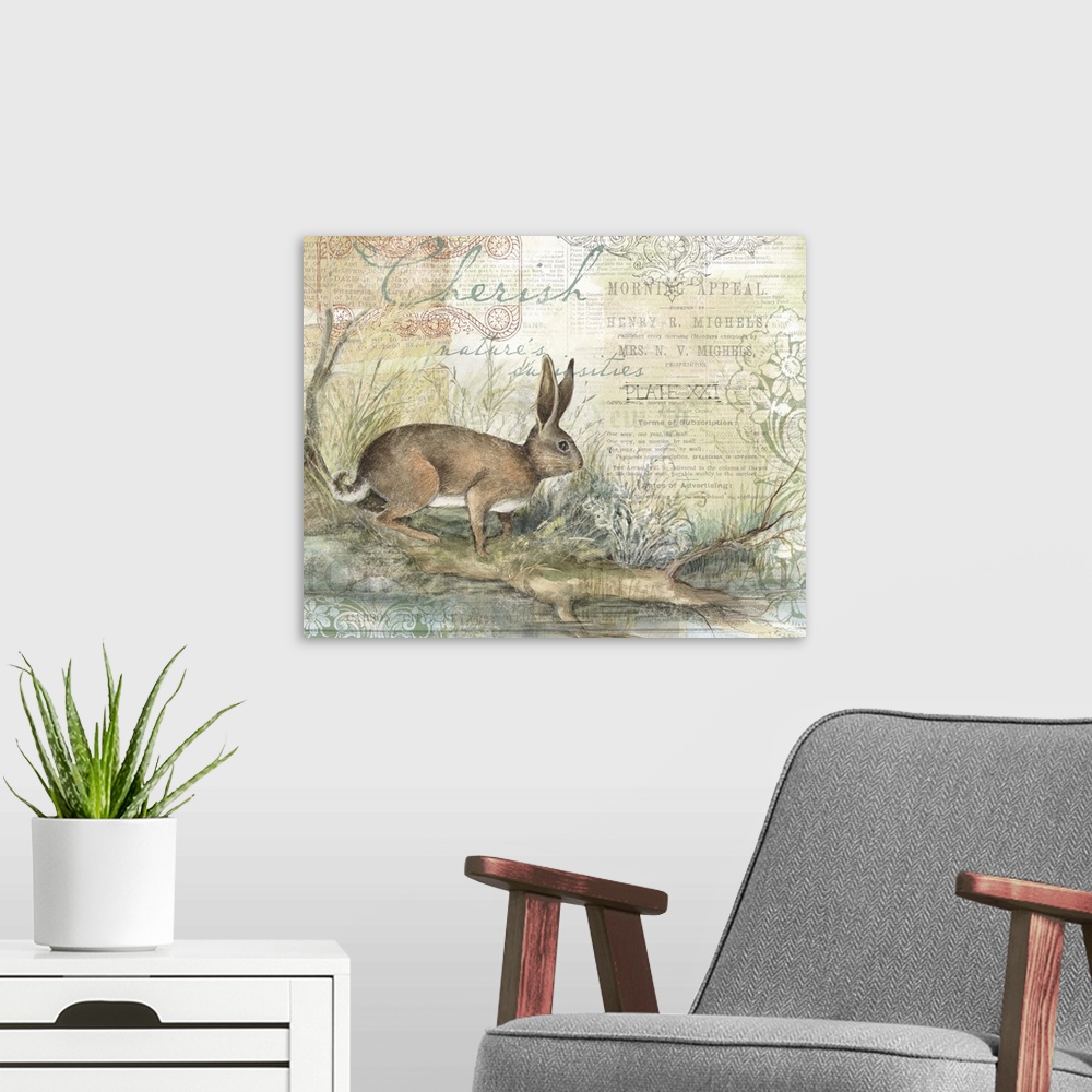 A modern room featuring Elegant take on wildlife in its habitat, lovely for den or office use.