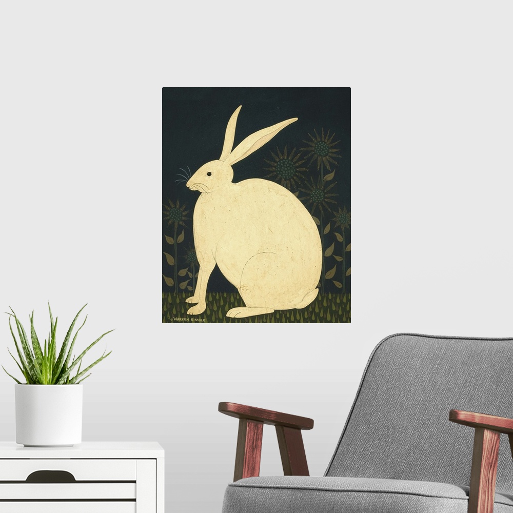 A modern room featuring Americana hare by renowned folk artist Warren Kimble