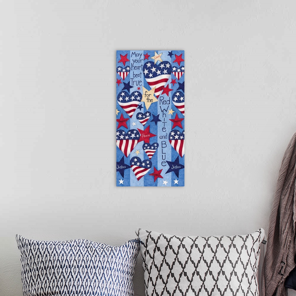 A bohemian room featuring Patriotic collage treatment that is all about the US of A.