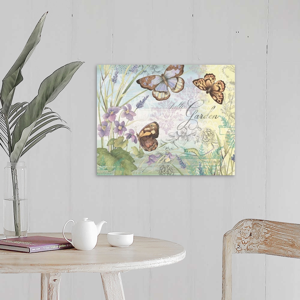 A farmhouse room featuring Lovely botanical butterfly art subtly infuses nature into the home.
