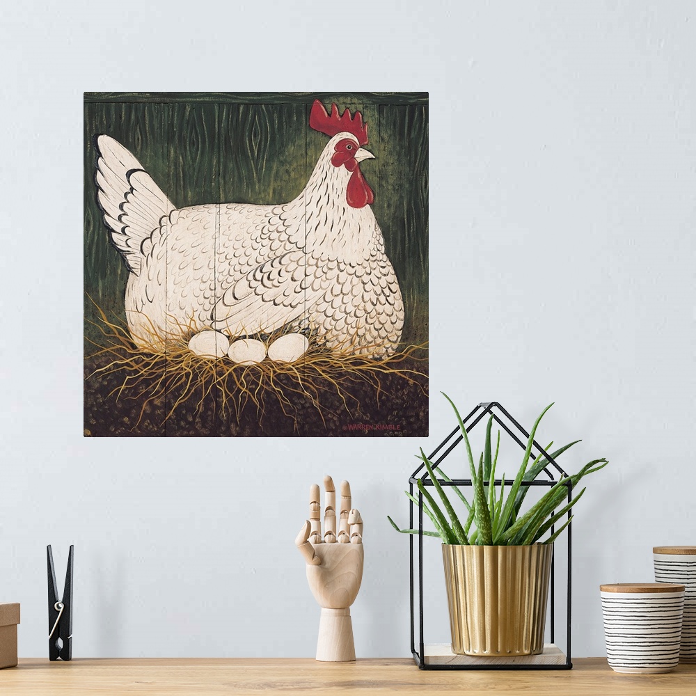 A bohemian room featuring Americana farm animal scene.  Image of a large chicken sitting in its nest with three eggs on pan...