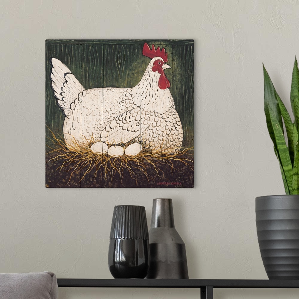 A modern room featuring Americana farm animal scene.  Image of a large chicken sitting in its nest with three eggs on pan...
