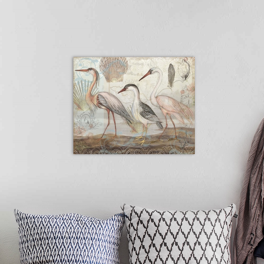 A bohemian room featuring Stunning herons are spotlighted on a beach-inspired backdrop.