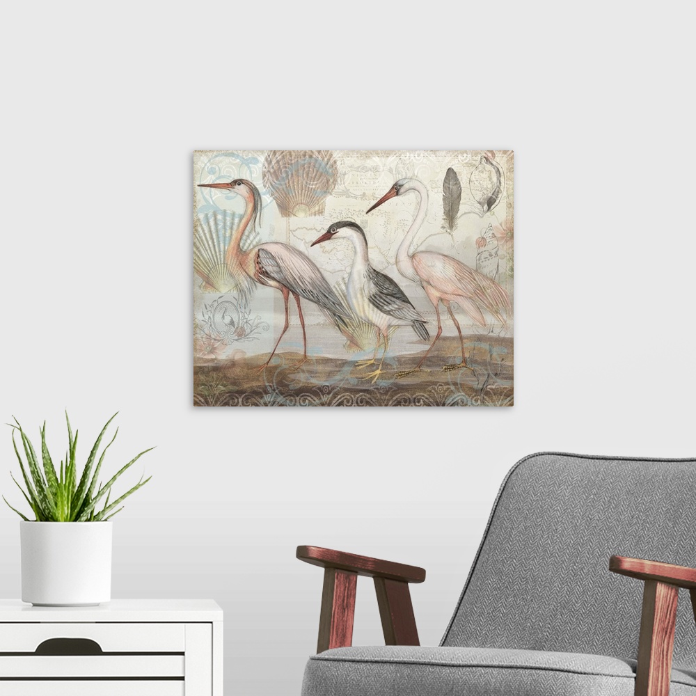 A modern room featuring Stunning herons are spotlighted on a beach-inspired backdrop.