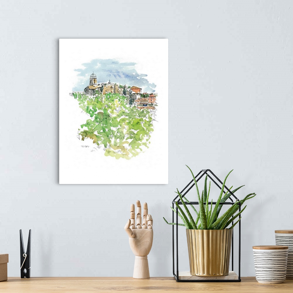 A bohemian room featuring A lovely pen and ink rendering of a European countryside village