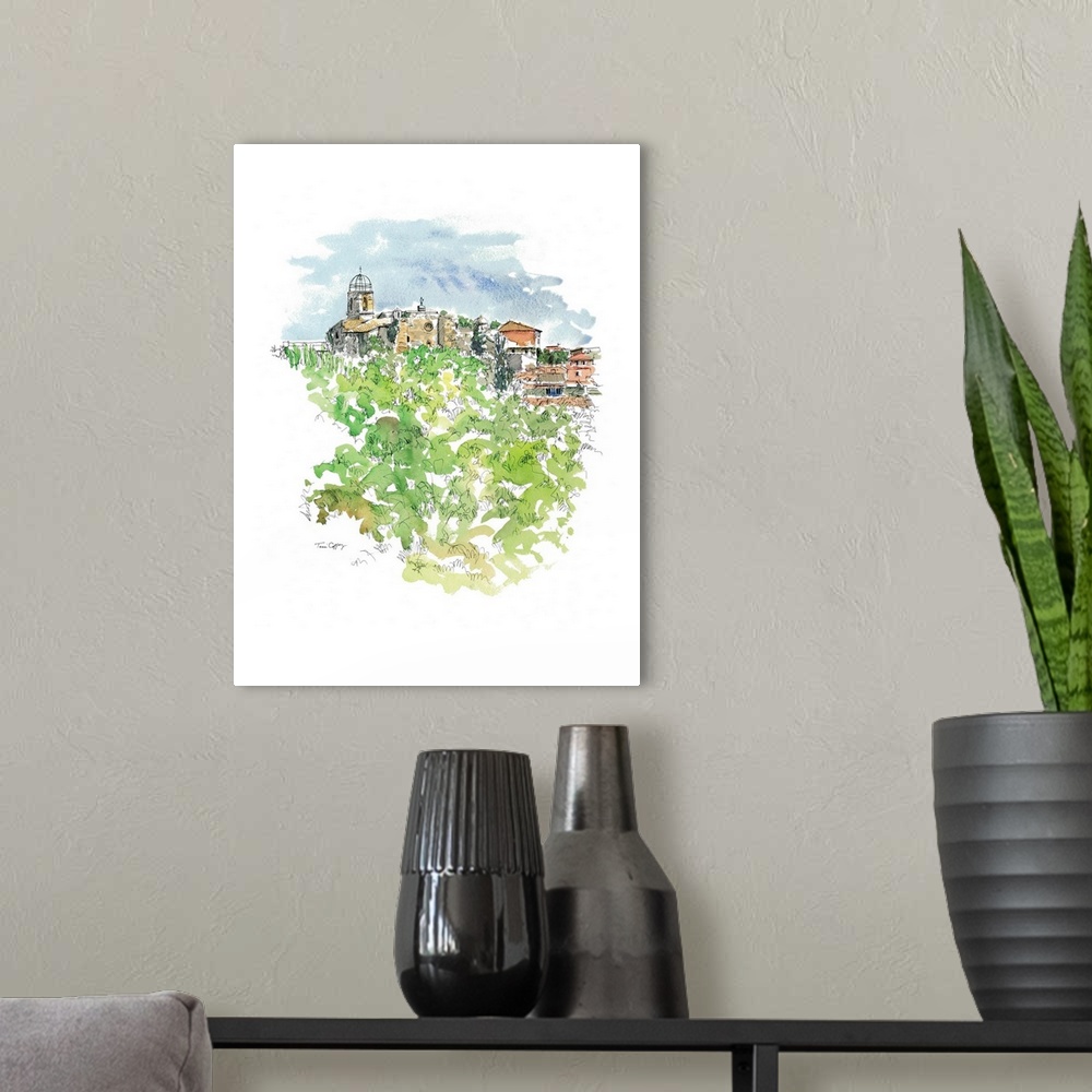 A modern room featuring A lovely pen and ink rendering of a European countryside village