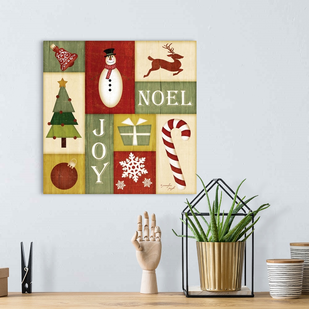A bohemian room featuring Holiday-themed rustic art.