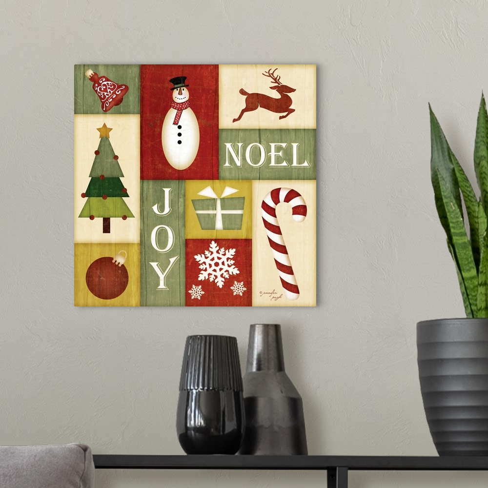 A modern room featuring Holiday-themed rustic art.