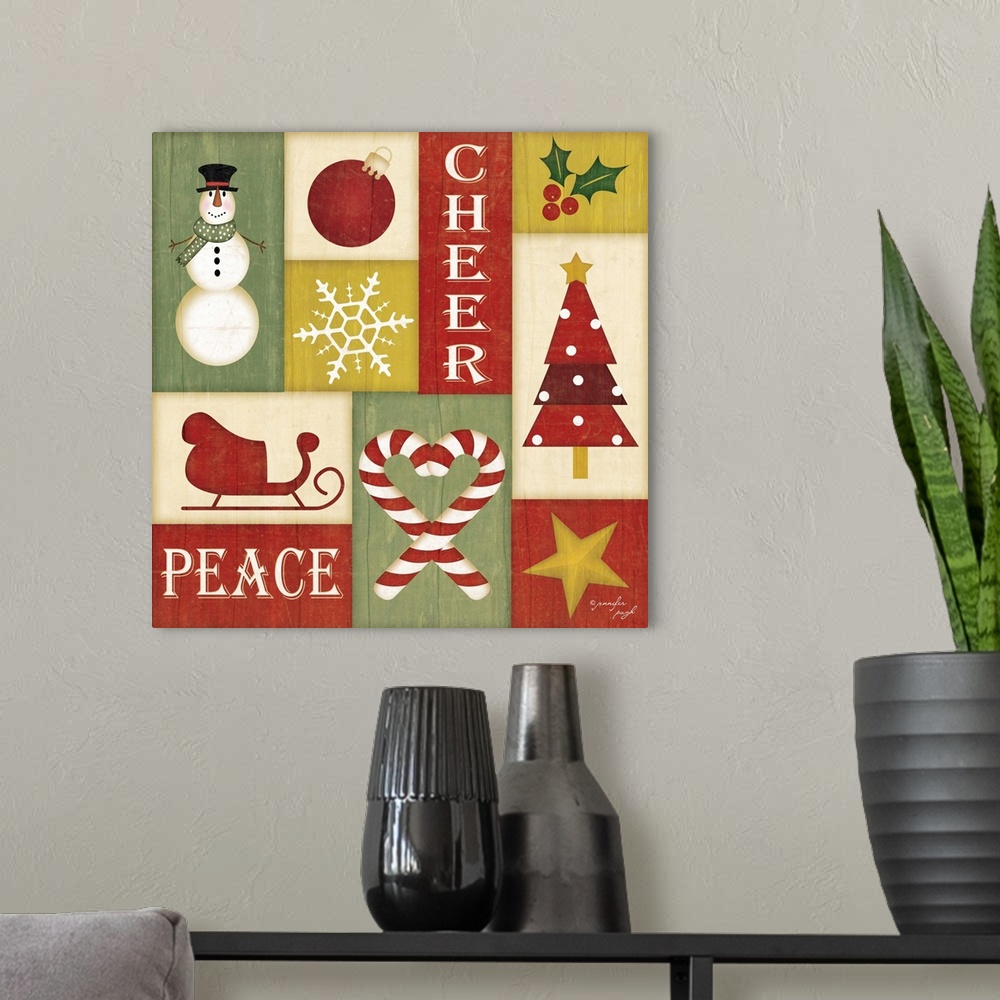 A modern room featuring Holiday sentiments and designs on a colorful background.