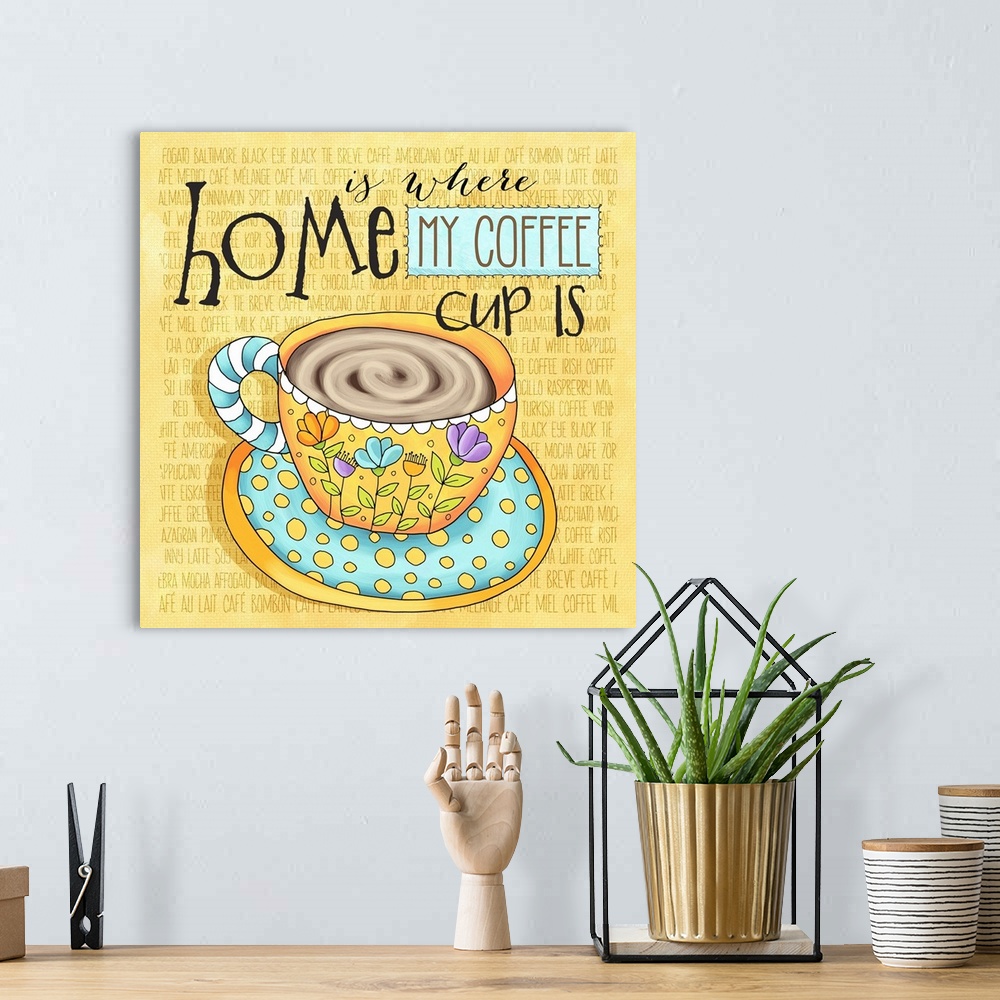 A bohemian room featuring Whimsical coffee-themed art for the kitchen or office.