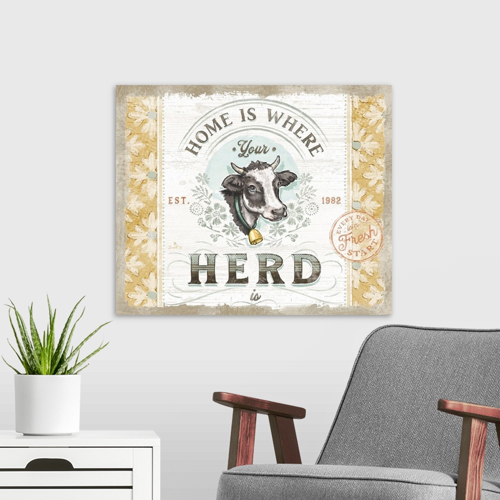 A modern room featuring Vintage farmhouse signage of the ever-popular cow evokes a classic country style