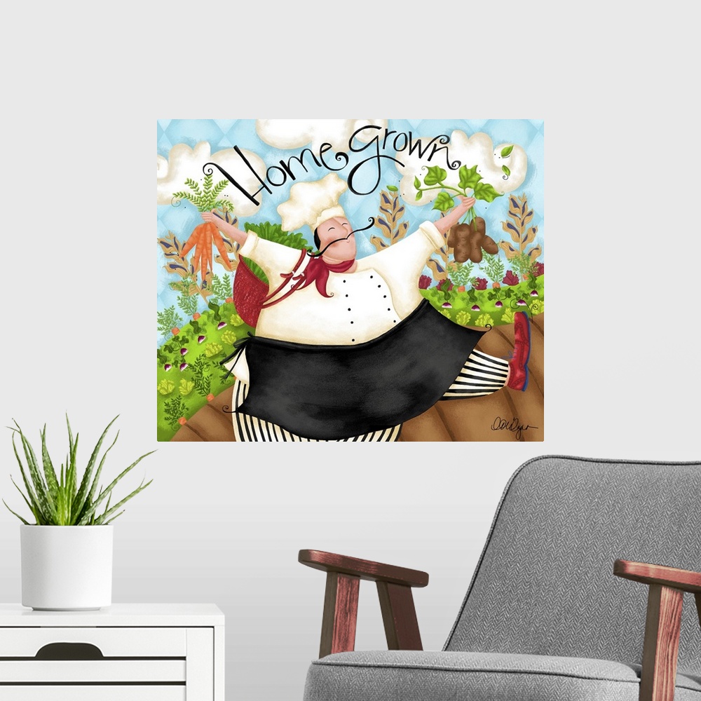 A modern room featuring This chef in his garden will add a colorful, fun touch to any kitchen.
