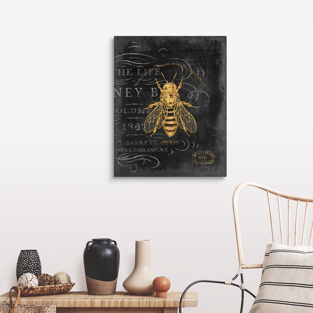 A farmhouse room featuring Vintage Bee art in classic home decor palette.