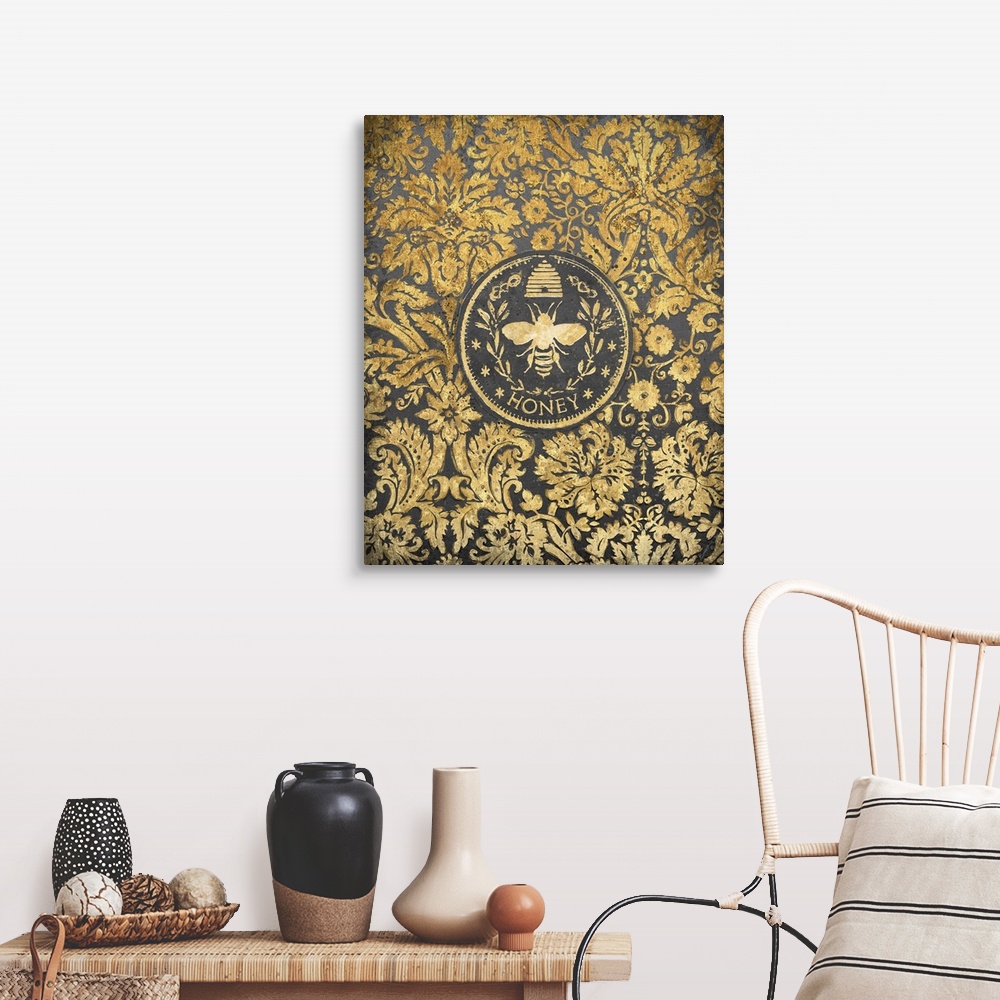 A farmhouse room featuring Vintage Bee art in classic home decor palette.
