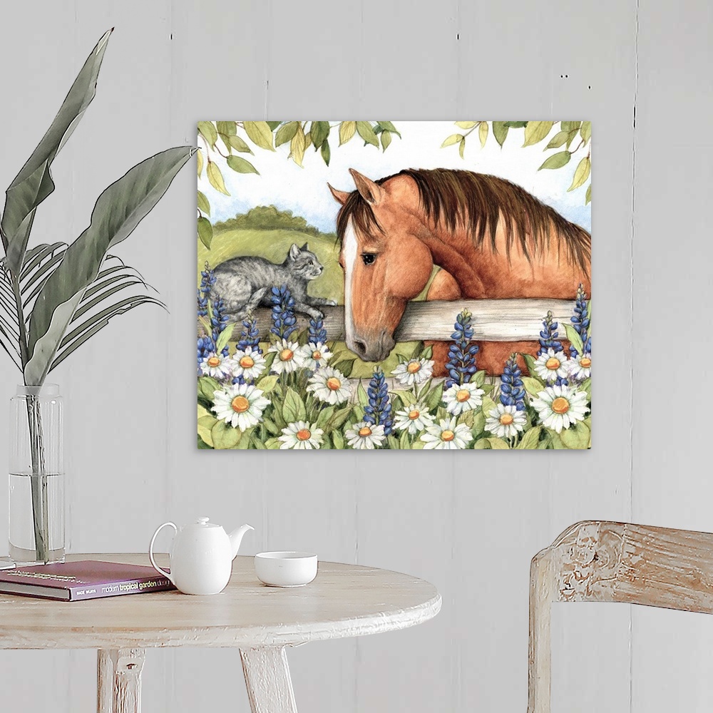 A farmhouse room featuring Charming vignette of Horse with Cat, country friends.