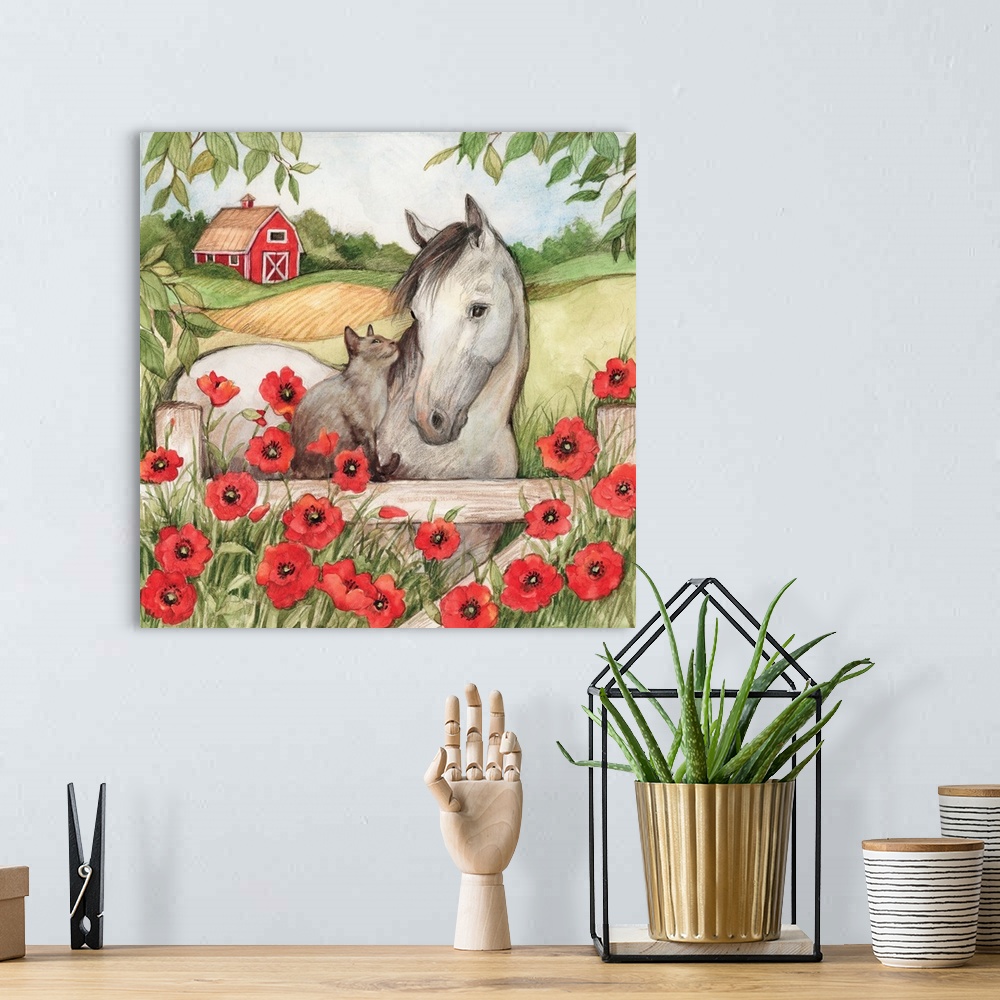 A bohemian room featuring Charming vignette of Horse with Cat, country friends.