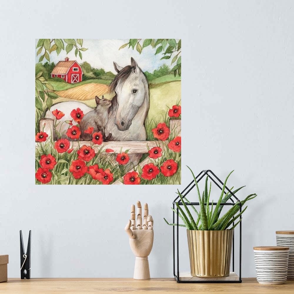 A bohemian room featuring Charming vignette of Horse with Cat, country friends.
