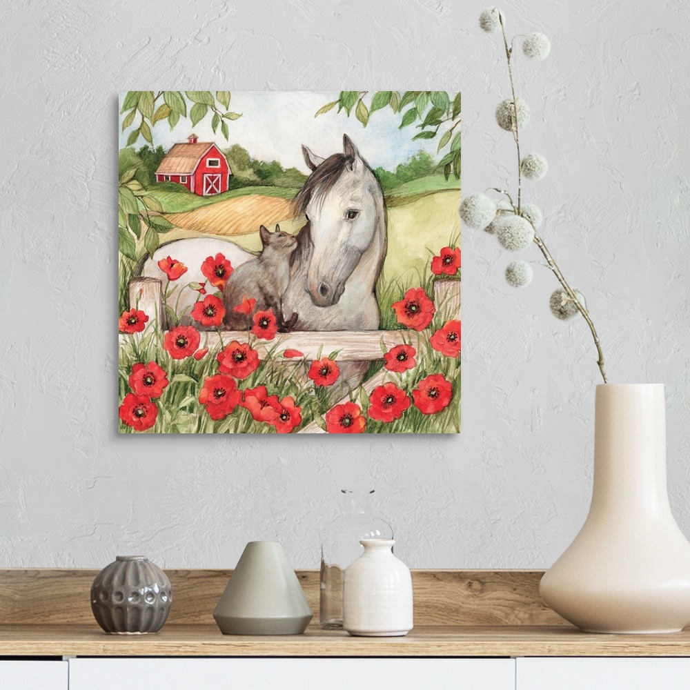 A farmhouse room featuring Charming vignette of Horse with Cat, country friends.