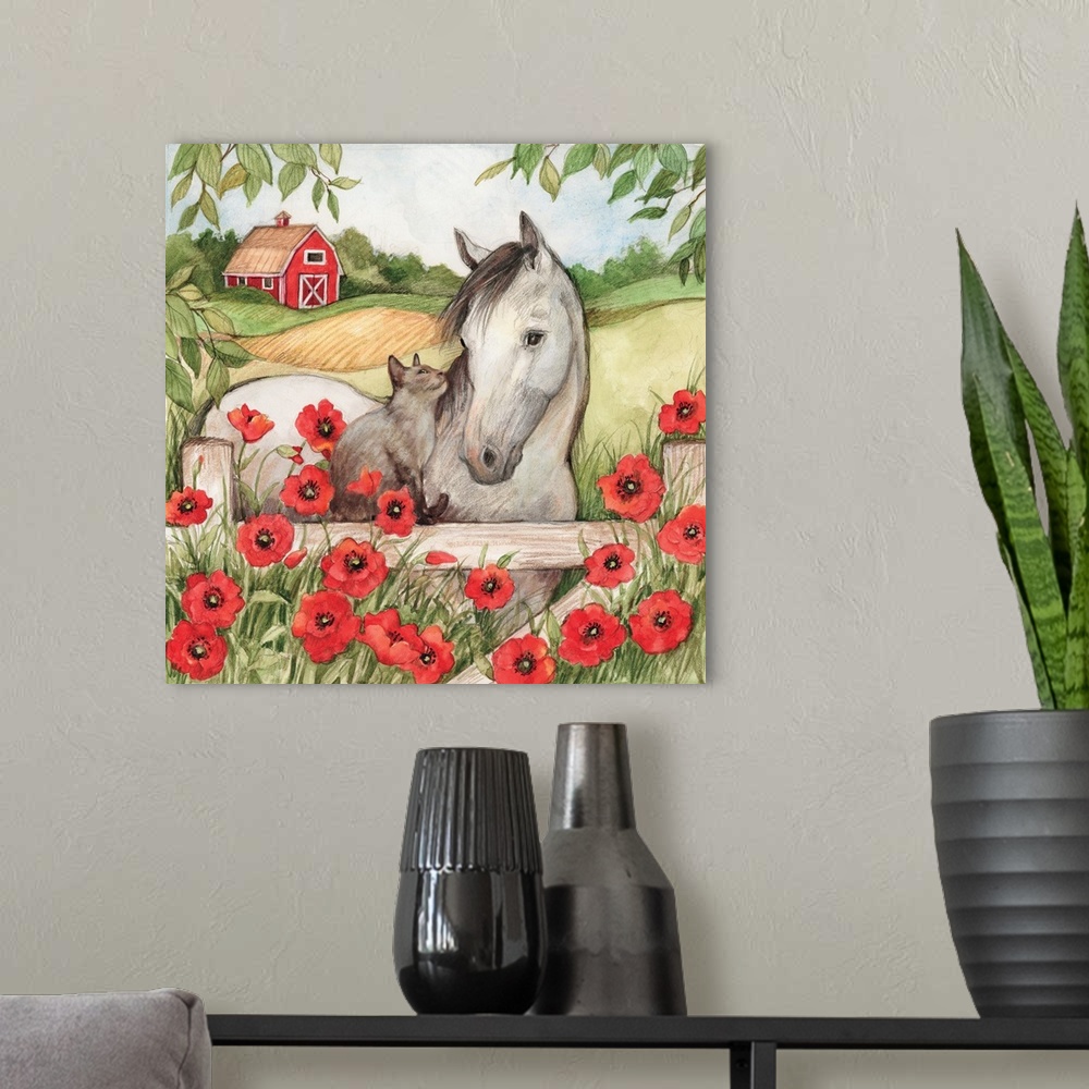 A modern room featuring Charming vignette of Horse with Cat, country friends.