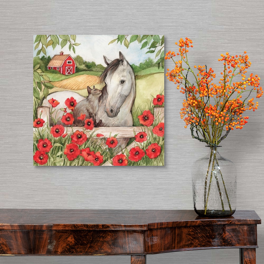 A traditional room featuring Charming vignette of Horse with Cat, country friends.