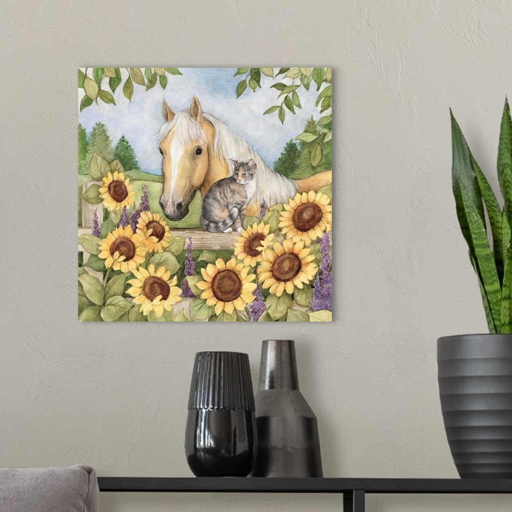 A modern room featuring Charming vignette of Horse with Cat, country friends.