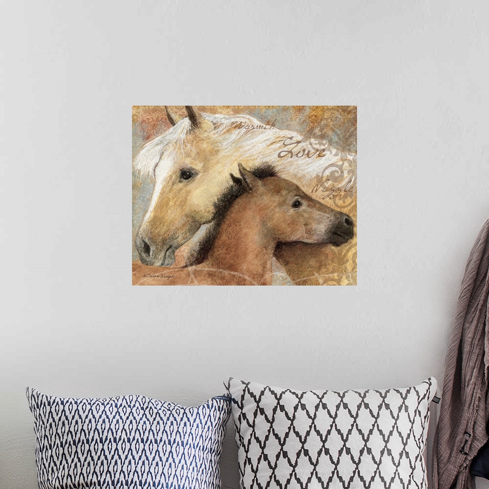 A bohemian room featuring Stunning depiction of this beautiful creature called the horse