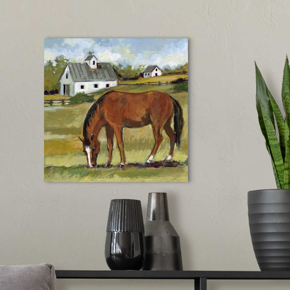 A modern room featuring A richly depicted horse farm features this striking Bay thoroughbred