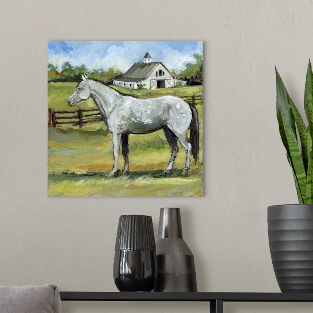A modern room featuring A richly depicted horse farm features this stunning Hanovarian