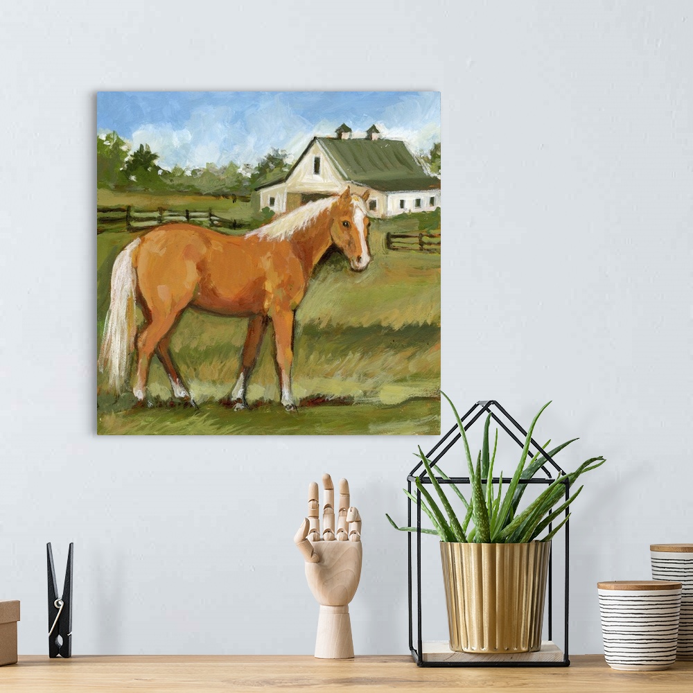 A bohemian room featuring A richly depicted horse farm features this beautiful Hafinger