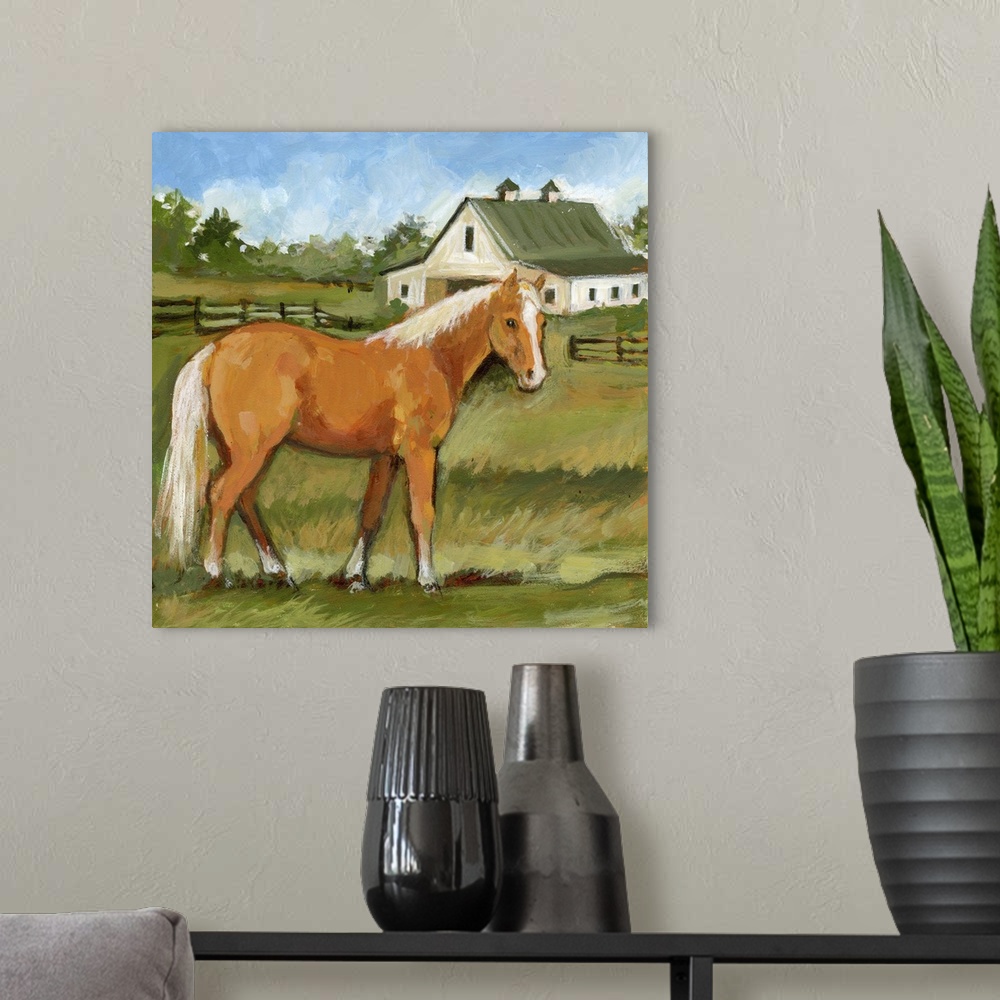 A modern room featuring A richly depicted horse farm features this beautiful Hafinger