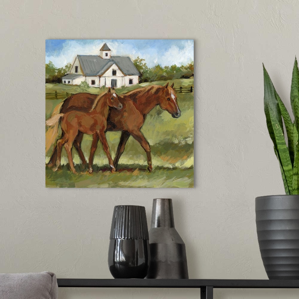 A modern room featuring A richly depicted horse farm features the gentle interaction between mare and her foal