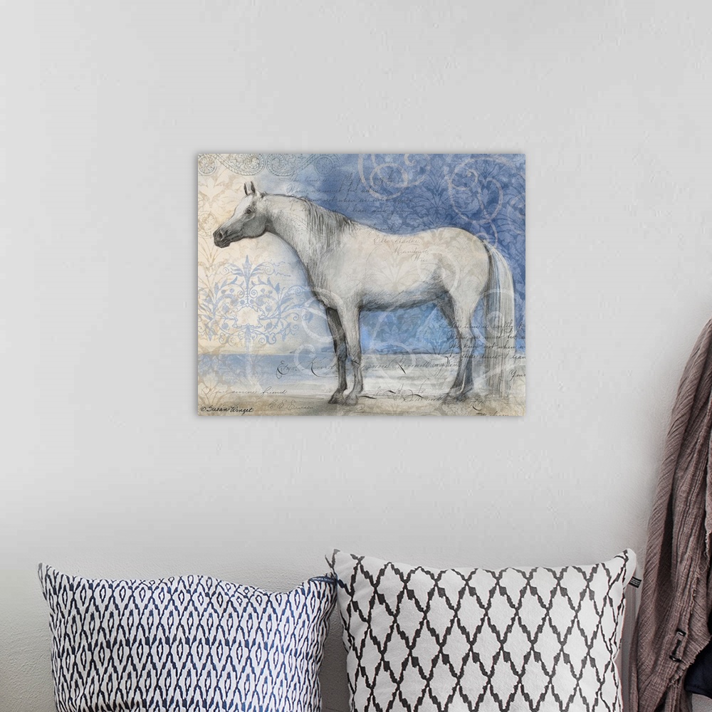 A bohemian room featuring Stunning depiction of this beautiful creature called the horse.
