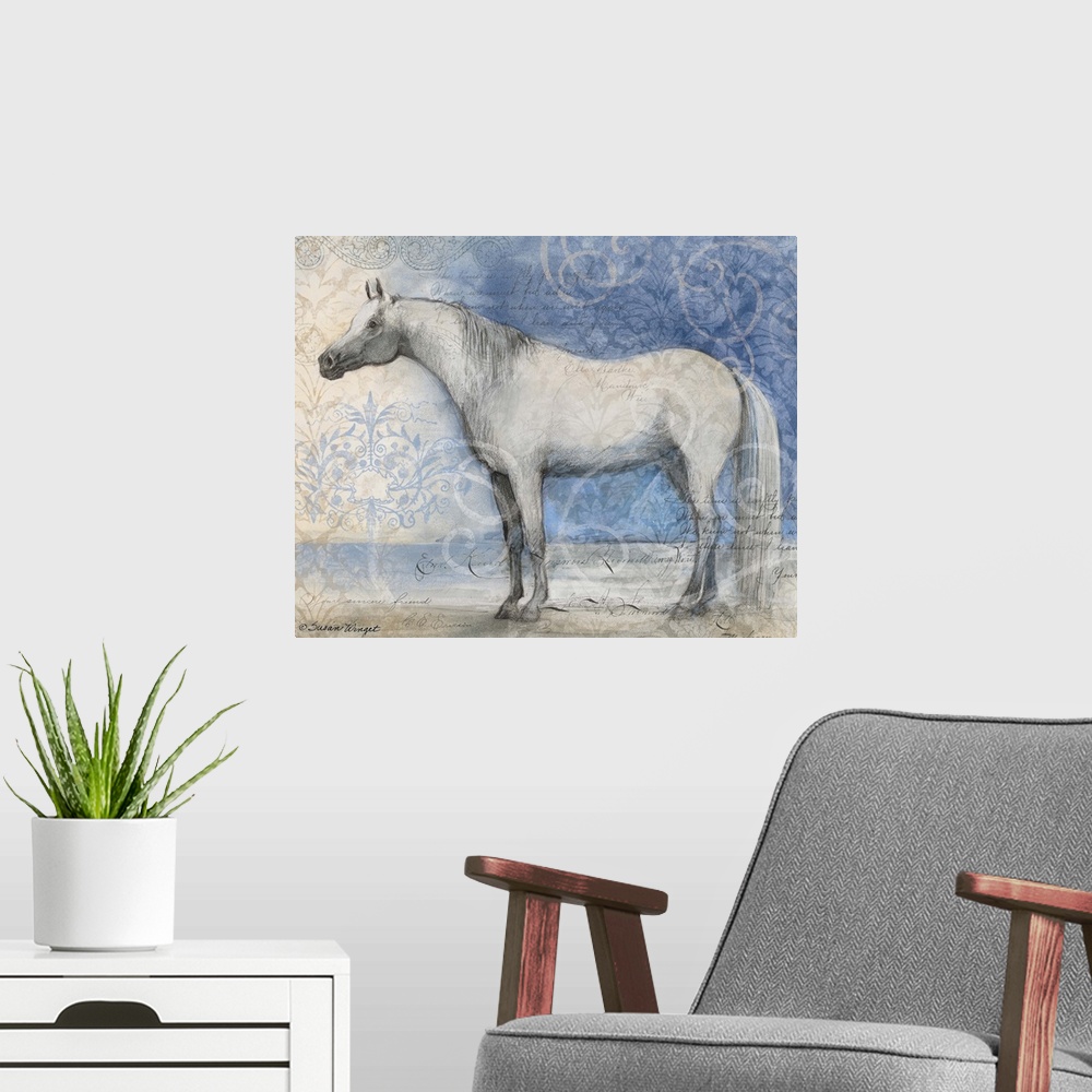 A modern room featuring Stunning depiction of this beautiful creature called the horse.