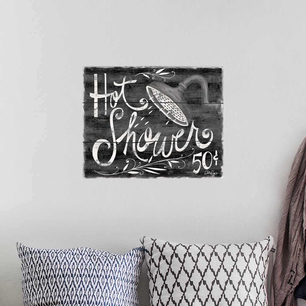 A bohemian room featuring Fun sign art for any Bathroom!
