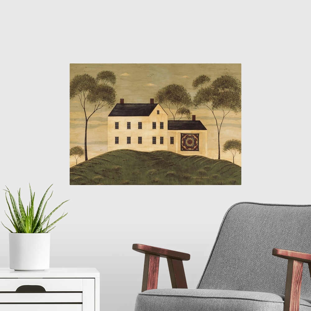 A modern room featuring Large, landscape folk art in vintage tones of a large house on a hill, with a handmade quilt hang...