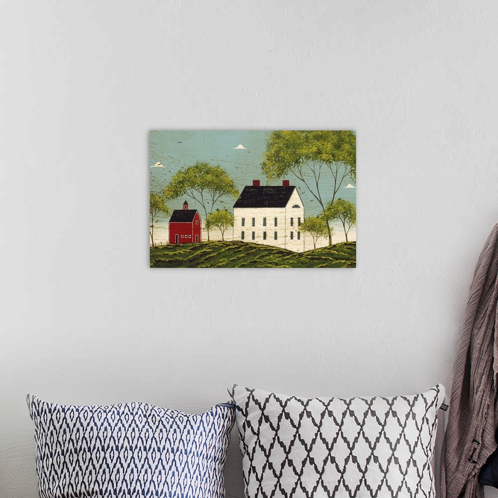 A bohemian room featuring Contemporary artwork of a large white house with a smaller red barn just to the left of it on a g...
