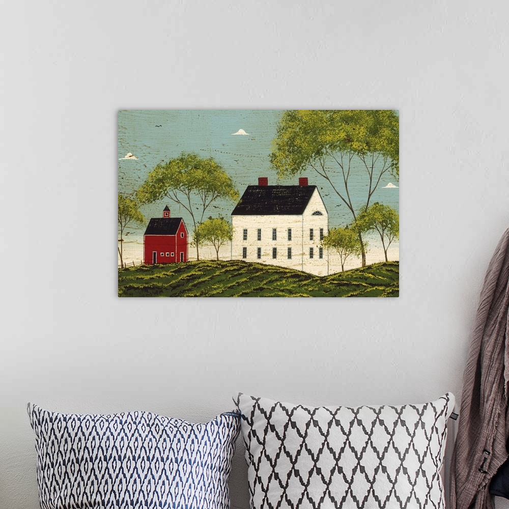 A bohemian room featuring Contemporary artwork of a large white house with a smaller red barn just to the left of it on a g...