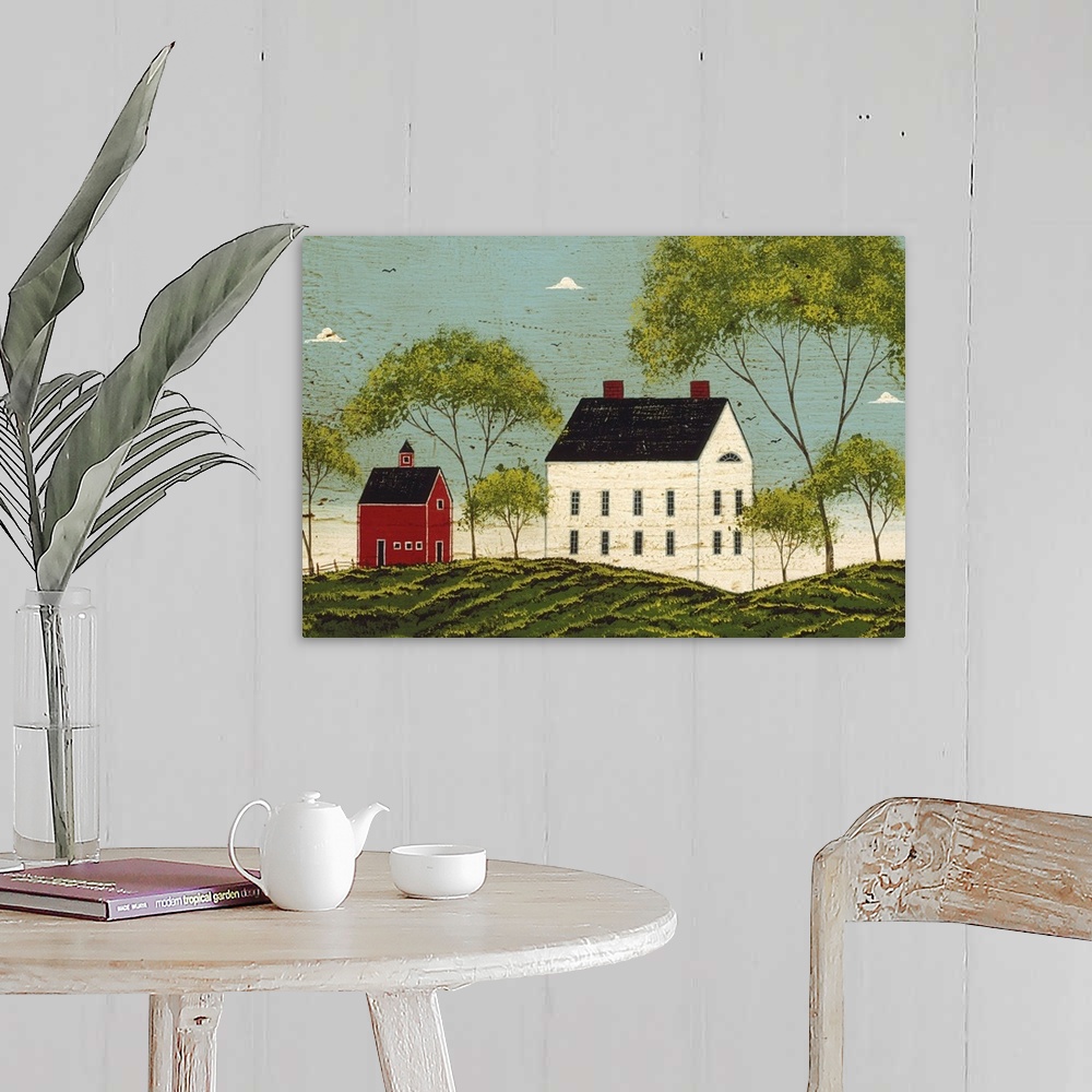 A farmhouse room featuring Contemporary artwork of a large white house with a smaller red barn just to the left of it on a g...