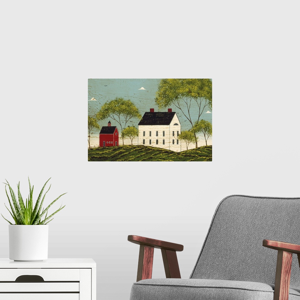 A modern room featuring Contemporary artwork of a large white house with a smaller red barn just to the left of it on a g...