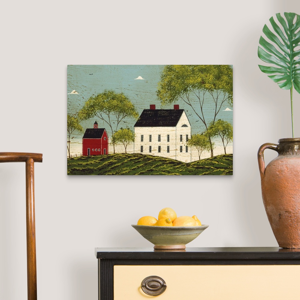 A traditional room featuring Contemporary artwork of a large white house with a smaller red barn just to the left of it on a g...