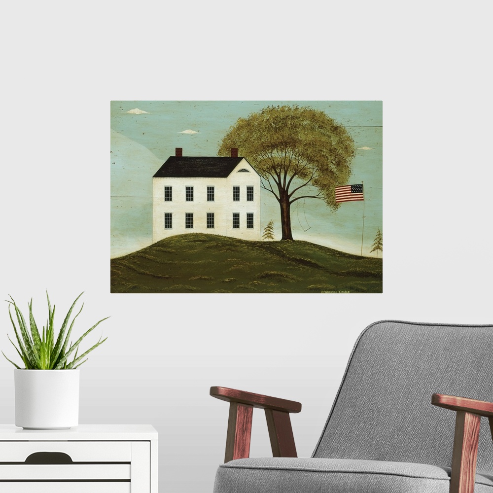 A modern room featuring Landscape, folk art painting on a large canvas of a two story house on a hill, with a large tree ...
