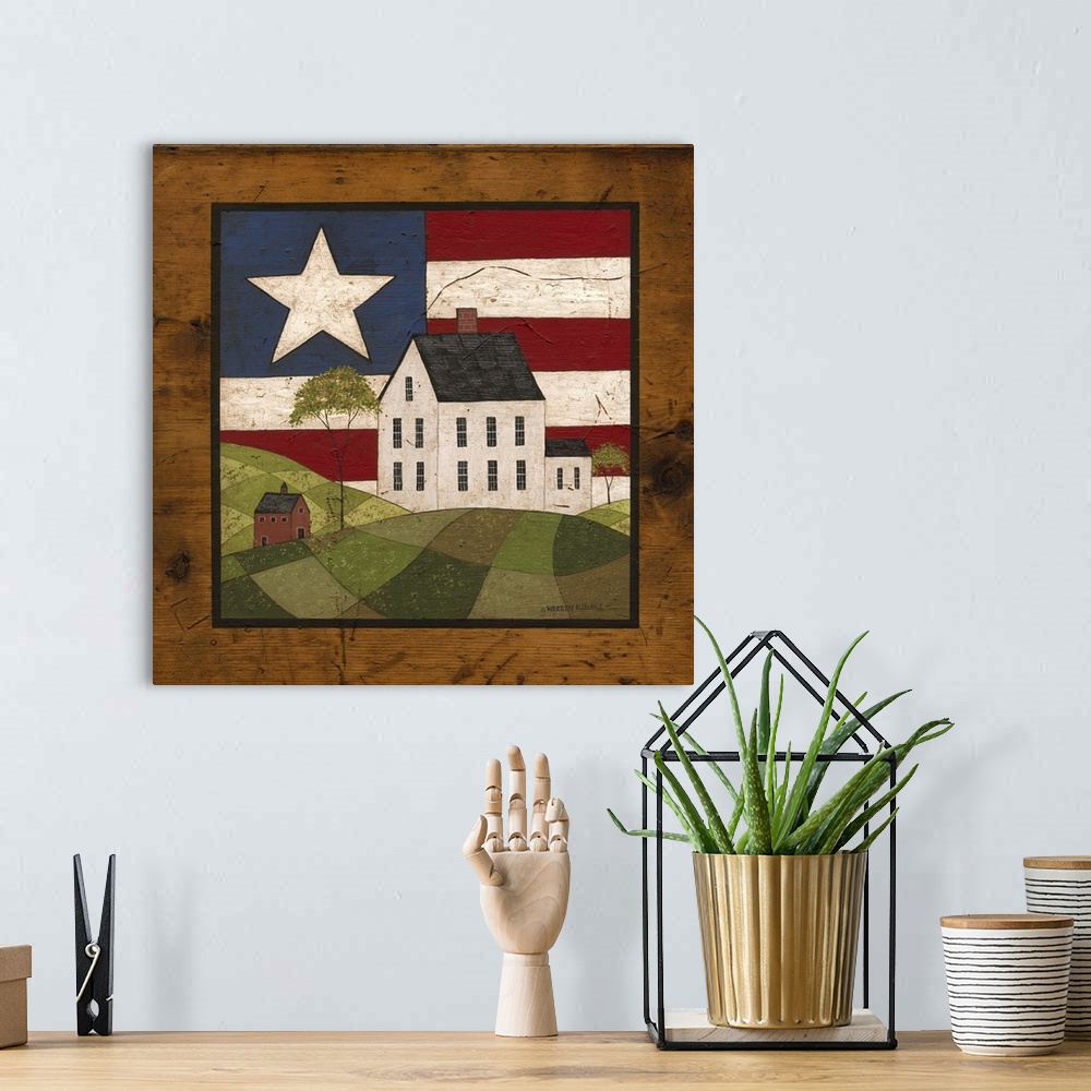 A bohemian room featuring Americana house scene with faux wood frame.